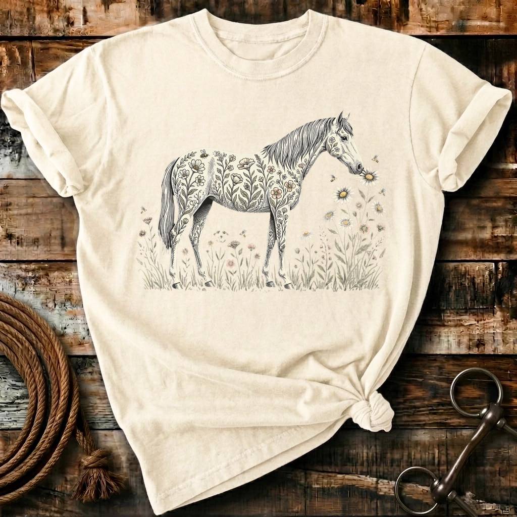 Horse laugh in flowers