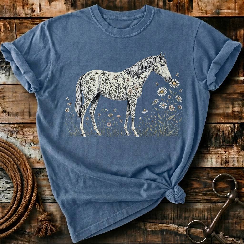 Horse laugh in flowers