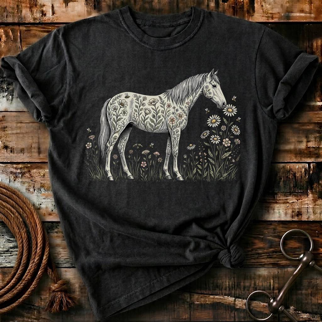 Horse laugh in flowers
